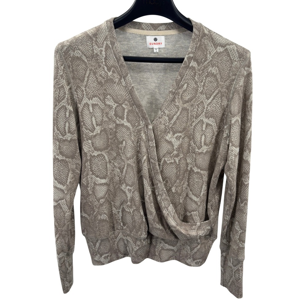 Sundry Taupe Beige Snakeskin Python Wrap V-Neck Long Sleeve Top Sweater Womens 1